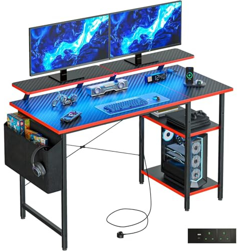 DOMSHOCT Gaming Desk with LED Lights & Power Outlets, Reversible Computer Desk with Storage Shelves & Dual Monitor Stands, for Home Office & Study, 100×50cm Carbon Fiber Black