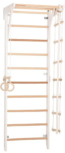 Kletterwand für Kinder und Erwachsene – Klettergerüst Indoor aus Holz mit Wand-Reck, Stange, Gymnastikringen, Kletterseil, schwedischer Leiter – Kinder -2 weiße Farbe