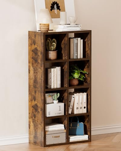 GTPLAYER 8-Cube Storage Organizer, Fits 11 Bins, Vertical or Horizontal Use, Opening Bookshelf, Partial Back Panels, Stackable Design Bookcase, for Living Room, Media Console, Hallway, Rustic Brown