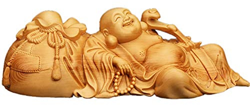 Yingtuwinh Estatuas decorativas, estatua de Buda riendo para buena suerte, riqueza y felicidad, adorno de feng shui de boj, decoración de prosperidad de riqueza y oficina en casa, madera