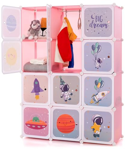 COSTWAY Portatile Guardaroba per Bambini, Armadio Guardaroba Modulare per Bambini con 2 Barre Appendiabiti, per Cameretta Camera da Letto, 107 x 36 x 142 cm (Rosa)