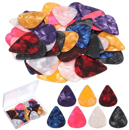 Lnngub Lot de 50 médiators en celluloïd avec boîte colorée en celluloïd - Accessoires de guitare pour guitare acoustique, guitare électrique, ukulélé, basse, guitare