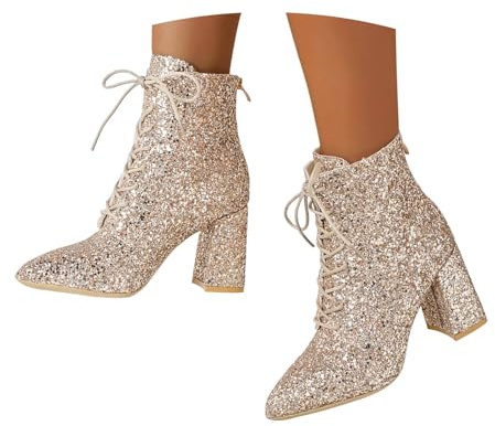 EQWIGKEIT Stivali con glitter da donna con tacco a blocco, scarpe con brillantini, classici stivali invernali con tacco, stivaletti con paillette, scarpe leggere, eleganti stivali corti alla caviglia