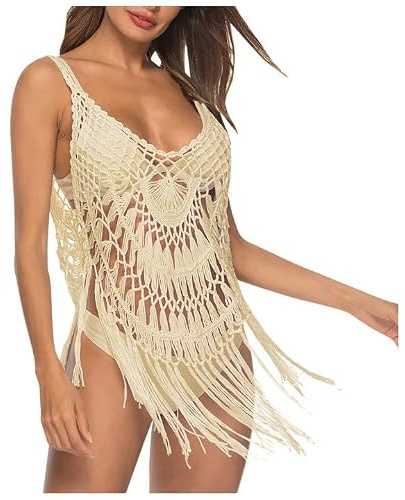 Mujer Playa Crochet Top Boho Monocolor Ahuecado con flecos Bikini Cover Up Sexy Cuello V Punto Trajes de baño Vestidos de playa con flecos Boho Vestido de playa Coverup Crochet Vestido de Tirantes
