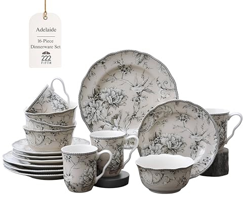 222 Fifth Adelaide 16-Piece Traditional Antique White Porcelain Dinnerware Set – Service for 4, Romantic Bird & Floral Design, Everyday Big Dinner Plates and Bowls Sets, Microwave & Dishwasher Safe