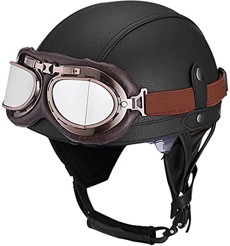 Hjälm i tysk vintagestil med öppet ansikte, halvhjälm i läder, motorcykelhjälm för gatan, med skyddsglasögon, motorcykelpilot, hjälm för moped, scooter, för män, kvinnor, DOT-godkänd (54–61 cm)