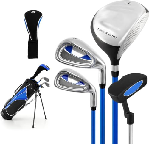 Maxmass Junior Golf Club Set, Kids Complete Golf Set with 3# Fairway Wood, 7# & 9# Irons, Putter, Head Cover and Stand Bag, Children Beginners Practice Pole (11-13 Years Old)
