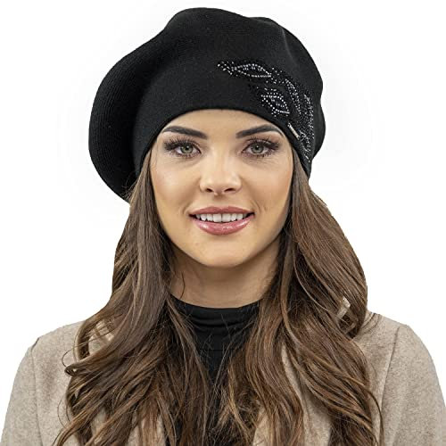 VIVISENCE Baskenmütze Für Damen Winter Herbst Warme Barette Mit Glänzender Zirkonia-Applikation Frauen Elegante Klassischem Stil Perfekte Für Herbst Und Wintertage Modell 7051, Schwarz,Einheitsgröße