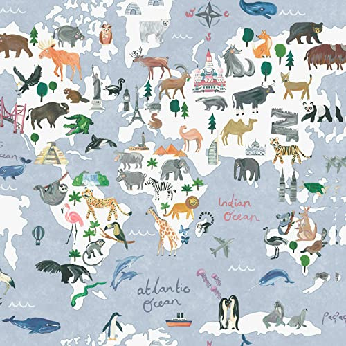 Holden Animal Map Wallpaper World Globe Continents Landmarks - Blue/Multi 13250
