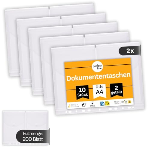 perfect line – 20 fundas para documentos DIN A4, carpeta con cierre de , 2 compartimentos, transparente, estable, capacidad aprox. 200 hojas – 2 cm de altura (2 x 10 unidades (20 unidades)