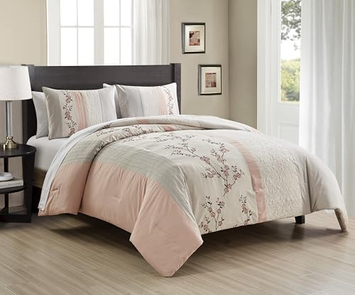 Chezmoi Collection Everly King Bed in a Bag 7-Pieces Luxury Blush Taupe Cherry Blossom Floral Embroidery Comforter Set with Sheets All Season Bedding Set, King