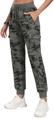 JINSHI Pantalones Senderismo Mujer Cargo Jogger Pantalón Ligero Transpirable Pantalone Ocio Aire Libre Deportes Acampada Trekking Multibolsillos Verde Camuflaje Talla XL