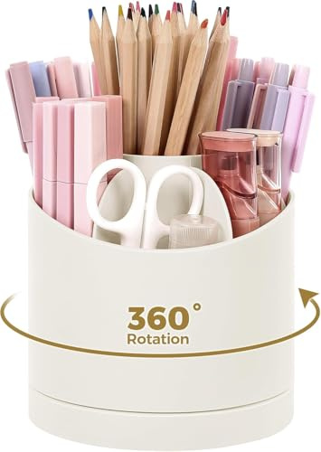skydue 360 Degree Rotating Pencil Pen Holder for Desk, Dual-Purpose Desk Organizer, Rotating Pencil Cup with 5 Slots, Office Supplies, Desk Decor for Office, School, Home(Beige)
