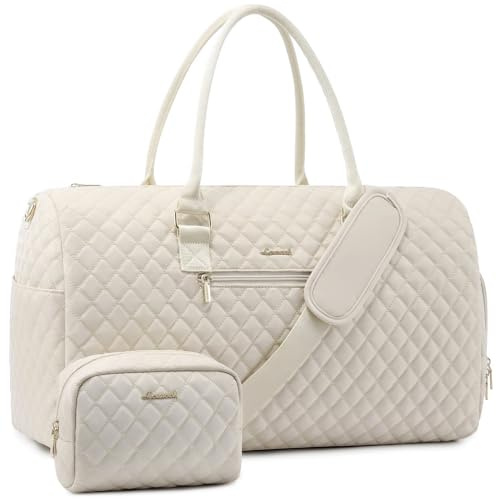 LOVEVOOK Travel Bags for Women, 45L Large Weekend Hospital Overnight Bag, Hand Luggage Duffel Bags with Shoe Compartment & Wet Pocket, Waterproof Carry on Holdall for Gym Travel Sports, Beige