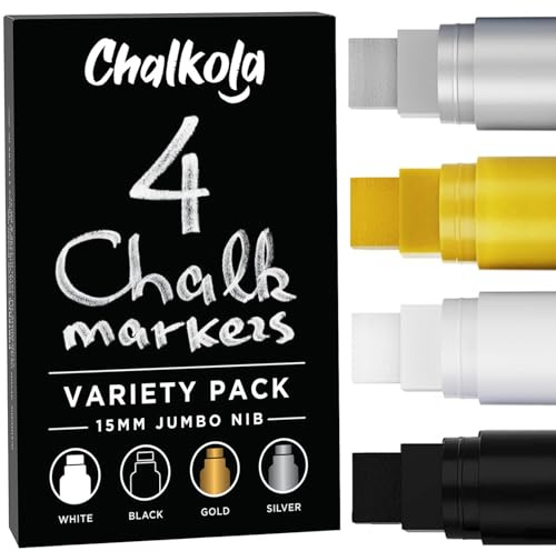 Chalkola 15mm Jumbo Washable Car Window Paint Pens | (4 Pack, White, Black, Gold, Silver Chalk Pens) - Safe Erasable Liquid Chalk Pens for Blackboard Chalkboards, Glass Board, Auto, Mirror