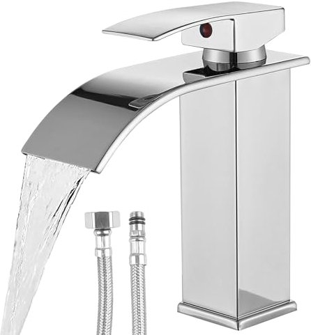 WIYETY TouchOn Robinet de salle de bain argenté - Robinet cascade avec mitigeur monocommande | Tuyau en acier inoxydable de 60 cm | Mitigeur pour salle de bain et WC d'invités | Robinet de lavabo |