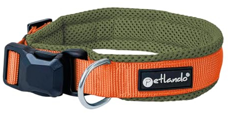 Petlando Hundehalsband Magnetech – Innovative Magnetschnalle, stufenlos verstellbar, Mesh, atmungsaktiv – Olive/orange, Größe XS 35-40cm, 2,5cm breit, kleine Hunde