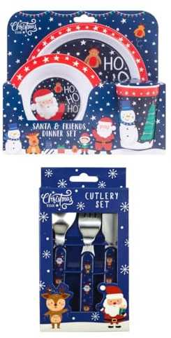 YöL 6 Piece Kids Christmas Dinner Set - Plastic Plate Bowl Cup Knife Fork Spoon Food Drink Breakfast Lunch Dining Table - Santa Reindeer Red Blue Snowflake Design Baby Toddler