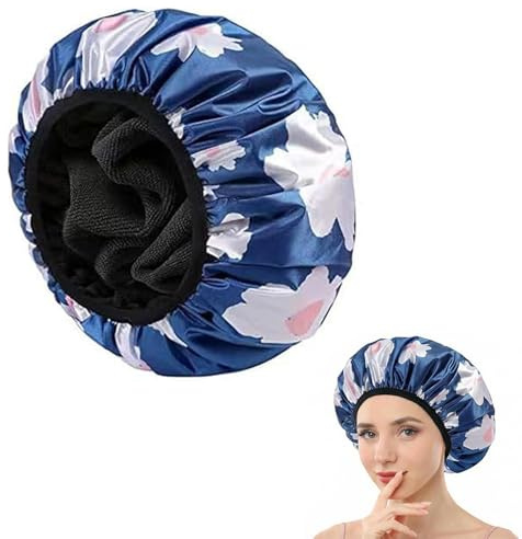 1 Pcs Reusable Shower Cap for Women, 3 in 1 Waterproof & Absorbent Hair Drying Cap, Double Layer Pattern & Bath Cap for Shower, Spa, Cooking & Travel (Pink & Blue) (Blue)