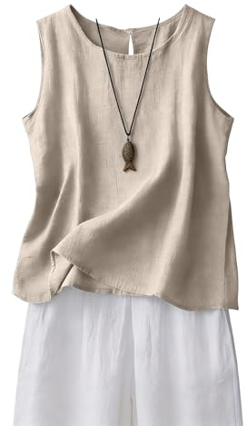 Blusa Sin Mangas Mujer Algodón y Lino Moda Verano 2026, Top Bohemia Holgado Transpirable Color Sólido Camisa con Cuello Redondo Abertura Trasera Pequeña, Paseos y Uso Diario, Ropa Casual Ligera S-3XL