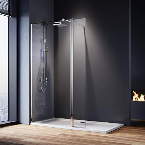 ELEGANT 700mm Wet Room Shower Screen Panel 8mm Easy Clean Glass Walk in Shower Enclosure with 300mm Flipper Panel