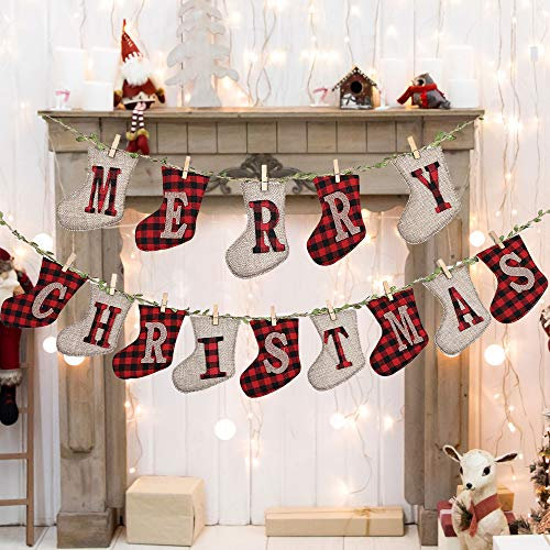 LessMo Merry Christmas Banners, Sock Shaped Burlap Banners, Red-White Plaid, 3 Meters (Length Only), 14 Pieces, Indoor/Outdoor, Christmas Party & Wall Decoration
