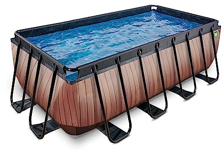 EXIT Toys Wood Pool - 400x200x122cm - Grande Piscina Rettangolare con Telaio e Pompa a Cartuccia Filtrante - Piscina Più Profonda - Telaio Robusto - Inclusa Scala per Piscina - Design Unico - Marrone