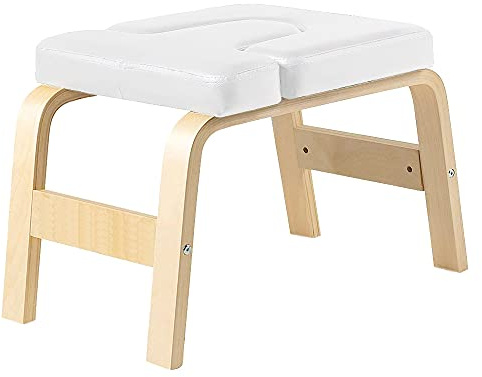 Youki Sports Yoga Headstand Bench, Multifunctional Yoga Inversion Stool, Wood Frame and PU Pads, Upside Down Chair for Balance Training Core Strength (Pure Pearl White)