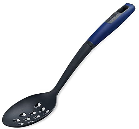 Tasty Everyday Slotted Spoon with Grater, Non-Stick with Soft-Grip Handle, Serving Spoon, Cooking Spoon, Non-Scratch Utensil, Dishwasher Safe, Dimensions: 34x7x5cm, Colour: Dark Blue, Grey