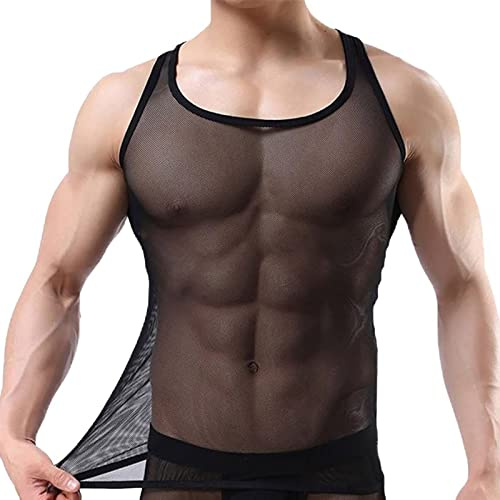 Débardeurs Résille Sexy Homme Gilet Haut sans Manche Transparent T-Shirt Maille Respirant Élastique sous-Vêtements Sommeil Gym Respirant (FR/ES, Alpha/Lettres, M, Taille Normale, Taille Normale)