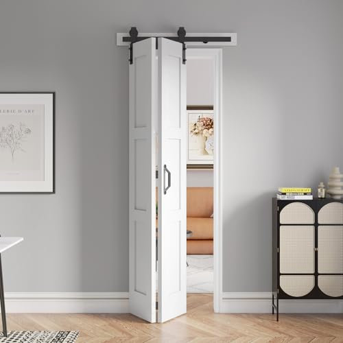 FREDBECK 24X84(Double 12x84) White Bifold Door Sliding Folding Barn Doors Double with 28 Hardware Kit & Handle,Solid MDF Door with Water-Proof PVC Surface for Closet,Assembly Required