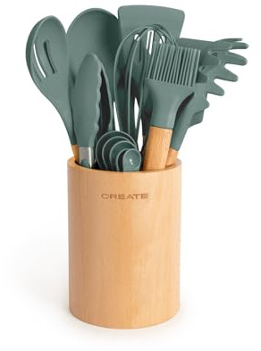 CREATE/Set d'utensiles de cuisine Vert sauge et bois / 11 Utensiles de cuisine en silicone et bois hêtre naturel, sans BPA, jusqu'à 230°C