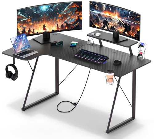 HaodaCulture Bureau Gaming 150x90, Table Gaming avec 2 Prises Electriques et 2 Ports USB, Bureau en Forme de L, Fibre de Carbone, Support de Moniteur, pour Etudier, Jouer et Travailler, Noir