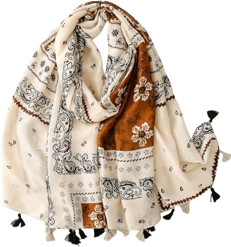WaJuemy Travel Boho Scarf for Women Casual Lightweight Pashmina Scarves Fashion Multicolor Shawl Wraps with Fringed Beads (33 Beige Boho)