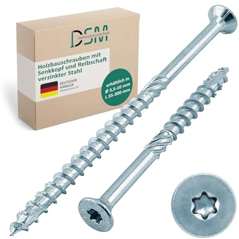 DSM - Lot de 200 vis pour construction en bois - 5 x 50 mm - Vis à tête fraisée galvanisées TX25 - Vis pour panneaux d'aggloméré avec tige de friction, nervures de fraisage et pointe Cut