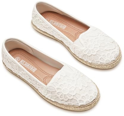 GLAMORA Alpargatas de Encaje con Suela de Esparto, Zapatos Planos Mujer Tipo Bailarinas Manoletinas Cómodas Slip On, Calzado Verano Ligero Transpirable Punta Redonda
