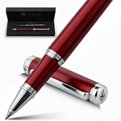 WANDERINGS Premium Rollerball Pen with German Ink – Perfectly Balanced for a Superb Writing Experience, Chrome Accents – Winefire Red - Includes a Schmidt Refill in a Giftable Presentation Case