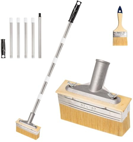 6 Decking Paint Brush 2M Long Handle Paint Brush with 3 Paint Brushes, Deck Stain Applicator Staining Brush for Woodstain, Fence Wall Furniture, Oil Staining, Decking Stain, Deck Coating