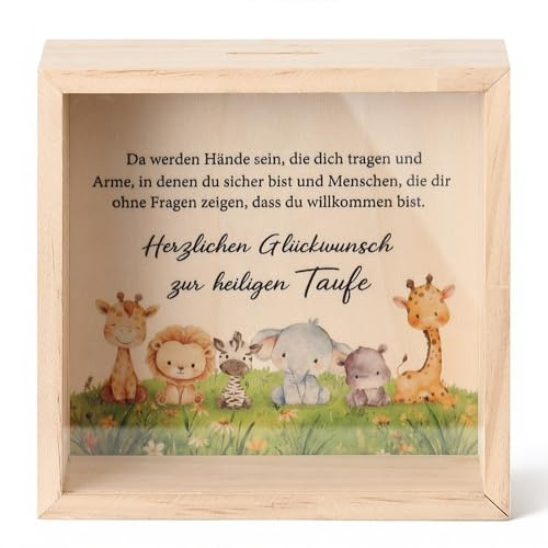 Namalu Spardose Taufe aus Holz Geldgeschenk zur Taufe, Tiergefährten | 16 x 16 cm, Geldgeschenke Verpackung Taufe, 3D Sparrahmen, Taufe Geschenk, Geburtstagsgeschenk, Taufgeschenke von Großeltern