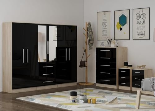 UNIQUE FURNISHINGS LTD High Gloss Large Wardrobe Set - 6 Door 3 Drawers & Long Mirror + Chest Of Drawers + 2x Bedsides (Black)