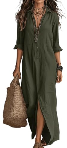 Robe en lin pour femme - Robe chemise boutonnée à manches longues - Style bohème décontracté - Longueur au sol - Plage - Vacances - Robe de bureau