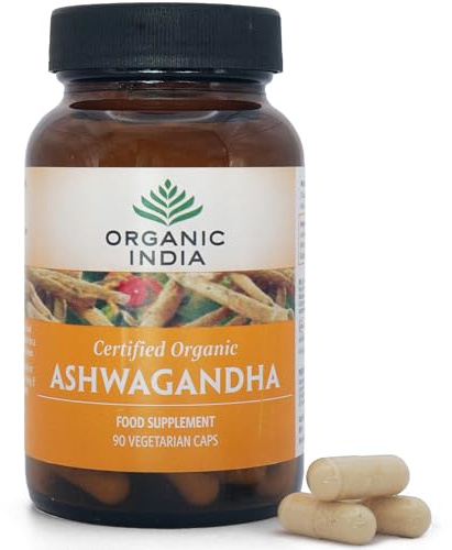 ORGANIC INDIA Ashwagandha Capsules - Organic Ashwagandha Supplement - Vegan Ashwagandha Root, Gluten-Free, Kosher, Non-GMO, Supports Stress Relief, Energy, and Sleep - 90 Capsules