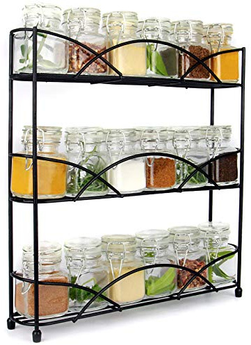 Herb & Spice Rack 3 Tier in Black | Free Standing Non-Slip Organiser | Modern Design Kitchen & Pantry Storage Solution | Up to 18 Spice Jars | M&W