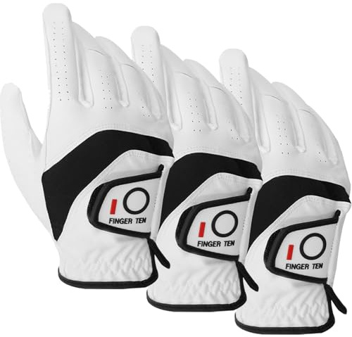 Lot de 3 gants de golf pour homme - Main gauche et droite - En cuir Cabretta - Pour tous les temps - Pour golfeur droitier et gaucher - Doux et durable - Confortables - Blanc - Taille L
