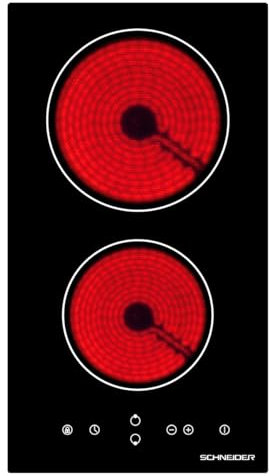 SCHNEIDER Placa Vitrocerámica dominó, 2 zonas de cocción, 30 cm, 3000 W, Control Táctil, Temporizador, Negro, SDV30S