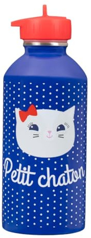 Gourde enfant Acier inoxydable DRAEGER PARIS - Facile à nettoyer - gourde réutilisable - Idéale pour voyage, parc, école - Contenance 300ml - 17 cm x 6,5 cm - Message inscrit : Petit chaton