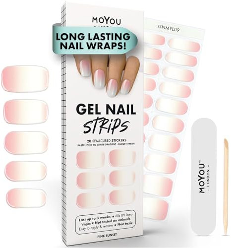 MOYOU LONDON Semi Cured Gel Nail Strips - 20 Pcs. Waterproof Gel Nail Wraps, Cures in Sunlight or UV/LED Lamp, Lasts Up to 2+ Weeks, Stretchable, Easy to Apply & Remove, Vegan & Cruelty-Free
