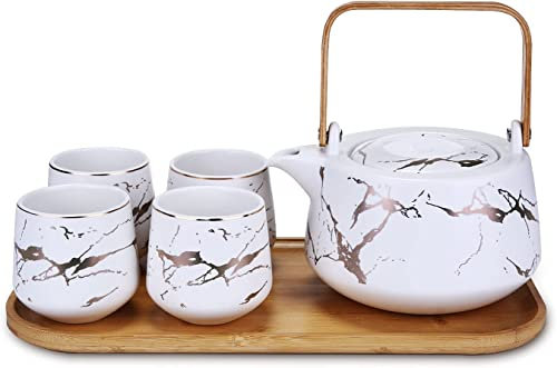 Juego de servicio de té de estilo japonés con bandeja de madera, juego de tazas de té de cerámica para tetera, juego de té de porcelana de China para el hogar y la oficina (blanco)