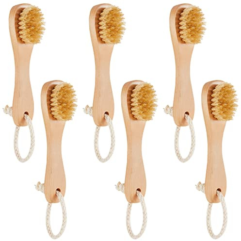 Nuanchu 6 Pcs Wooden Face Cleaning Brush Facial Exfoliator Brush Dry Scrubber Natural Bristles for Face Care Scrubber Exfoliator Wood Handle Facial Cleanser Tool to Unclog Pore