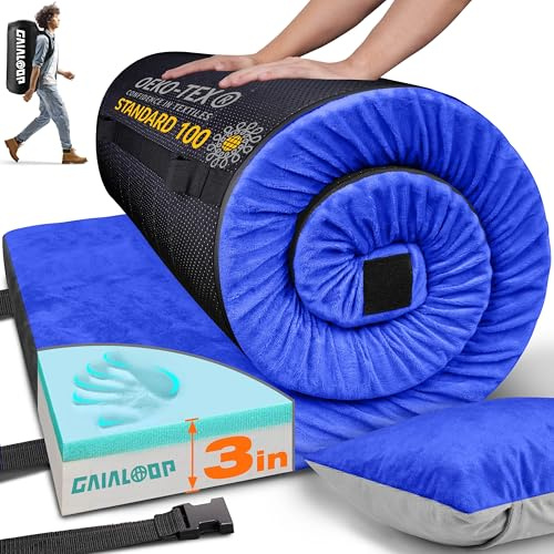 GAIALOOP 3 Inch Memory Foam Camping Mattress, Dual Layer Thick Sleeping Camp Pad for Car Tent Cot, Roll-Up Portable Glamping Floor Bed for Guests Sleepover[Cot: 72 * 24 * 3]